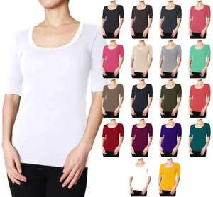 Scoop Neck Elbow Sleeve Cotton Blend T Shirt Top S ~ L - Picture 1 of 23