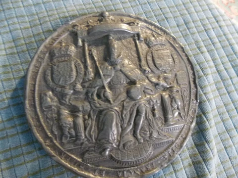 Vintage Medieval Lacobus Commemorative PEWTER PLAQUE 5 1/2" Dark Patina VG ! Cover