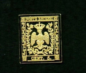 MODENA ITALIA 1852 TIMBRO ARGENTO PLACCATO ORO SU TIMBRO LINGOTTO FRANCOBOLLI SU FRANCOBOLLI 16045 - Foto 1 di 1