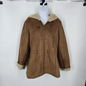 Gallery Jacket Womens Medium Brown Faux Suede Sherpa Lined Hooded Coat Winter - Picture 1 of 9