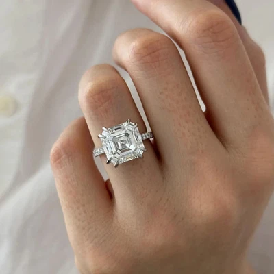 HUGE 9 Ct Asscher Cut Lab Grown Diamond Double Prong Hidden Halo Engagement Ring - Image 1 of 4