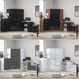 REFLECT Gloss 4pc Set - 2 Door Corner Wardrobe + 5 Draw Chest + Bedside + Desk - Picture 1 of 41