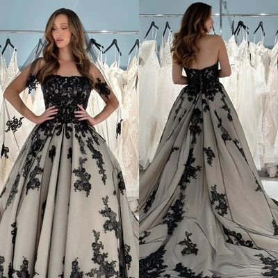 Gothic Wedding Dresses Off Shoulder Chapel Train Glitter Black Bridal Gowns - Image 1 of 4