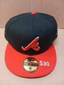 Atlanta Braves Hat Cap Mens Fitted Size 8 New Era 2 Tone Green Orange - Picture 1 of 4