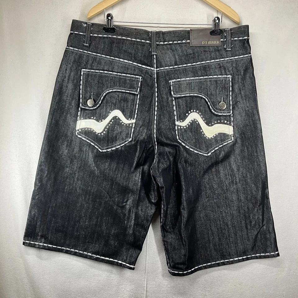 Pantalones Cortos Jean Vintage Y2k Sueltos Pierna Ancha Hip Hop Lavado Negro 41x14 14" Abierto Foto 1 de 4