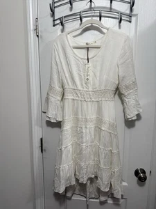 Solitaire Tiered Smocked Dress Women’s Sz M White Bell Sleeve Cottage Core Boho - Picture 1 of 19