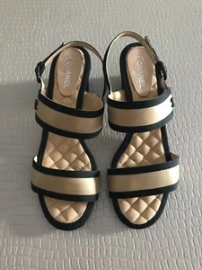 CHANEL SANDALI DONNA N. 38 italiano BEIGE/BLU IN PELLE E TESSUTO - Picture 1 of 11