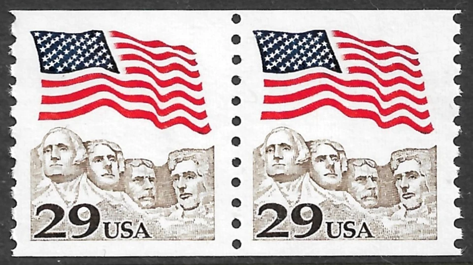 Selo dos EUA #2523c 29c. Bandeira sobre montagem Rushmore par de bobinas marrom sem marca de charneira - Imagem 1 de 1