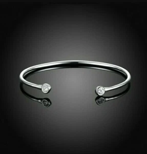 Slim Silver Smooth Torque Bangle Bracelet CZ Cubic Zirconia Adjustable Fit - Picture 1 of 11