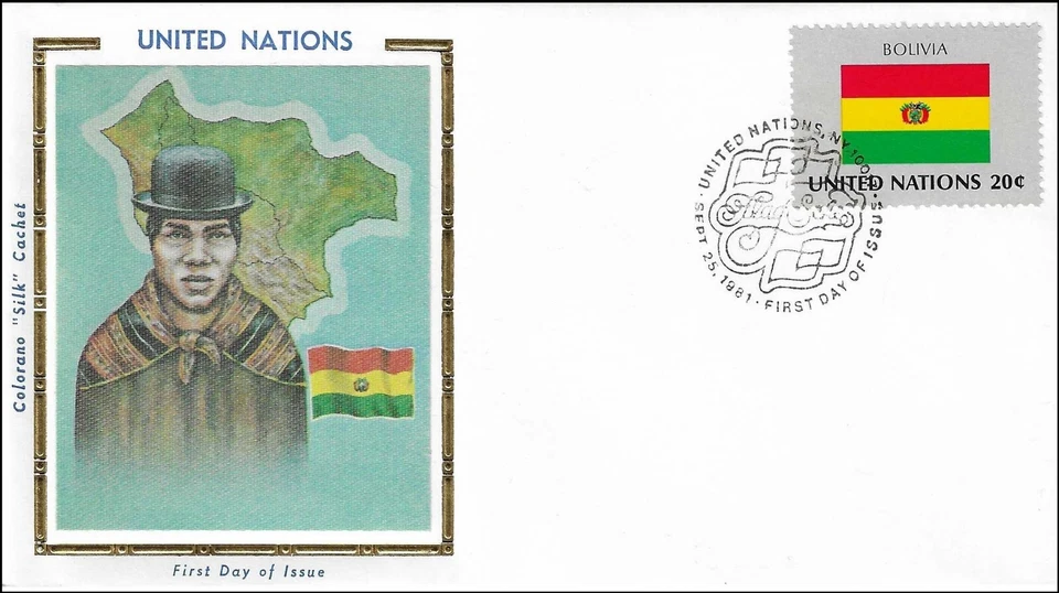 Bolivia National Costume Dress Flag Map UN Gold Folio Silk FDC Cachet 1981 - Image 1 of 1