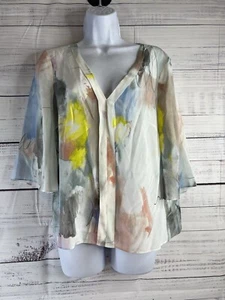 J Crew 365 V Neck Blouse Top In Watercolor 100% Silk Art Sz Med Career Casual - Picture 1 of 12