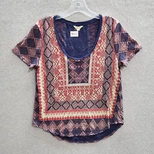 Lucky Brand Women Top Medium Pink Geometric Border Print T-Shirt Boho Aztec Tee - Picture 1 of 7