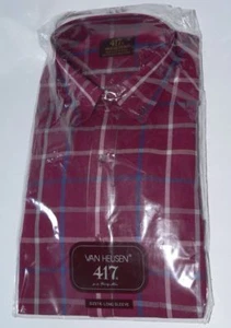 Vtg Van Heusen 417 Plaid Button Down Long Sleeve Shirt Burgundy Teen Boy 16 New - Picture 1 of 6