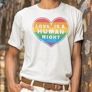 Love Is A Human Right T-Shirt Top - Heart Quote LGBTQ Rainbow Gay Lesbian Pride - Picture 1 of 11