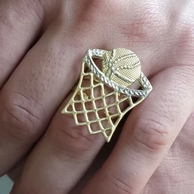 10K Gold Two-Tone Yellow White Diamond-Cut Basketball Hoop Signet Ring - Image 1 of 4