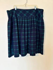 Vintage Plus Size Wool Plaid Skirt 36/22W Navy Green Academia Pleated Midi - Picture 1 of 10