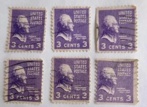Thomas Jefferson 1930's Three Cent Purple Violet Postage Stamps Set of 6 - Picture 1 of 1
