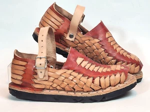 Vtg Authentic Mexican Huarache Unisex Sandals Brick Red & Tan Leather Size 9W-7M - Picture 1 of 13