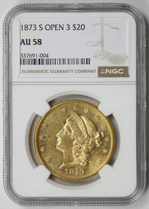 1873-S Open 3 Liberty Head Double Eagle Gold $20 AU 58 NGC - Picture 1 of 4