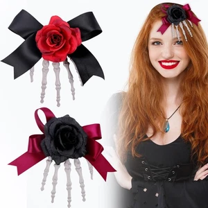 Halloween Rose Bow Ribbon Skeleton Hand Hair Clips Goth Hair Accessories Bone - Picture 1 of 28