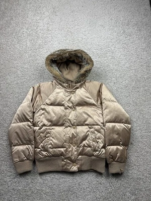 Jaqueta acolchoada com capuz de pele sintética Y2K forrada de pele com capuz tamanho XS dourada antiga marinha - Imagem 1 de 4