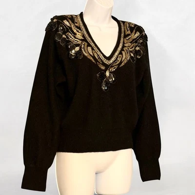Suéter Vintage Años 80 Marisa Christina Lentejuelas Cuentas Negro Lana de Cordero Angora Talla M Foto 1 de 4