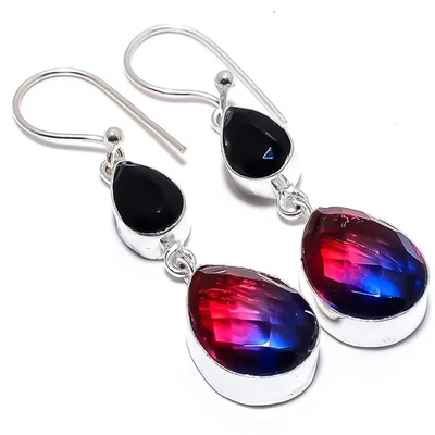 Orecchini gioiello in argento sterling 925 con tormalina bicolore, pietra... - Immagine 1 di 4