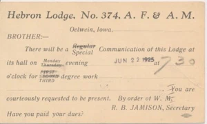Hebron Lodge no.374 Ancient Free & Accepted Masons Oelwein Iowa Flag cancel PC - Picture 1 of 2