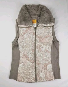 Ruby Rd Puffer Vest Jacket Womens Large Floral Paisley Faux Fur Collar Zip - Picture 1 of 5