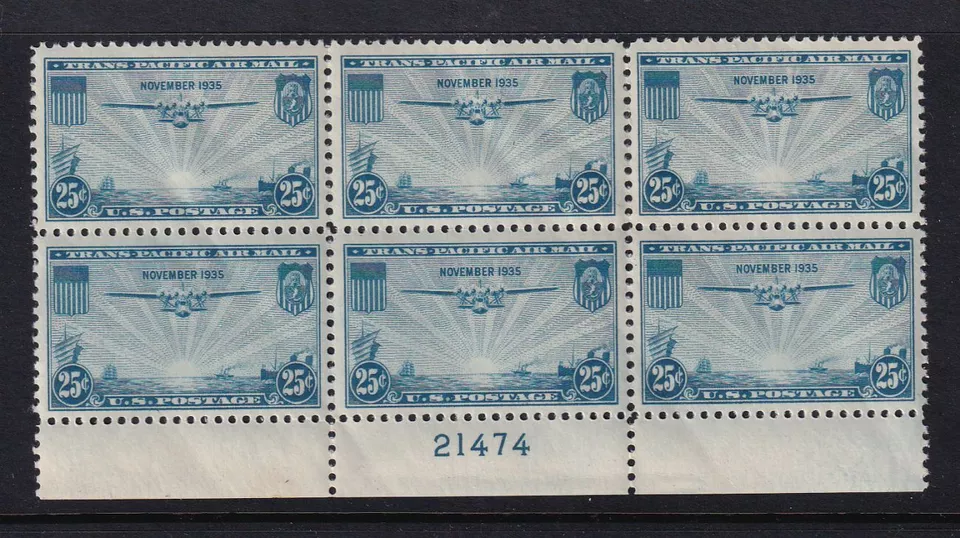 1935 Trans Pacific 25c blue Sc C20 MNH VF-XF plate block of 6 Durland CV $30 (YL - Image 1 of 1