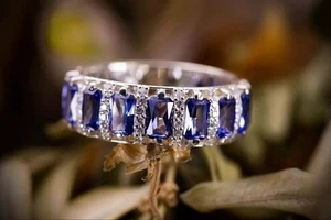 Radiant Cut Simulated Blue Tanzanite Wedding Band Ring In 14k White Gold Plated - Picture 1 of 5