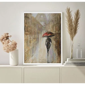 Women in the rain with umbrella in Paris Counted Cross Stitch Pattern Chart - Picture 1 of 4