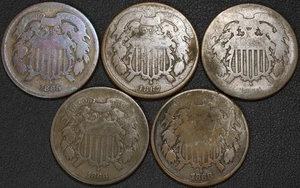 Lot of 5x Copper Two Cent Pieces 2C: 1864, 1865, 1866, 1867, & 1868 *ODD DENOM* - Picture 1 of 3