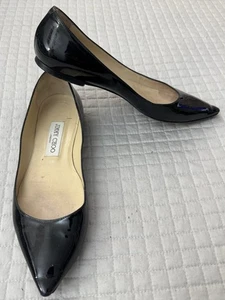 Jimmy Choo Black Patent Leather Pointed Toe Flats 37.5 Women Italy Classic - Picture 1 of 7