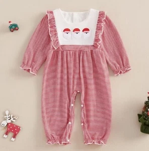 NEW Christmas Embroidered Santa Baby Girls Red Striped Romper Jumpsuit - Picture 1 of 6