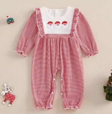 NEW Christmas Embroidered Santa Baby Girls Red Striped Romper Jumpsuit - Image 1 of 4