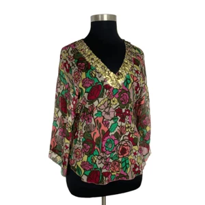 Tom K Nguyen L Floral Silk Top Sequin Y2K Boho Art Cottagecore Festival Whimsy - Picture 1 of 13