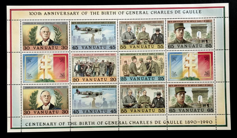 Vanuatu: 1990, 100 Aniversario Nacimiento de Charles de Gaulle, Hoja MNH. Foto 1 de 1