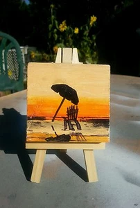 Approx 2 x 2 wood painting on easel shortiez ink art Deco beach sunset umbrella  - Picture 1 of 1