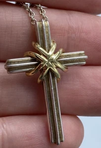 Tiffany & Co. Two Tone Cross Pendant Necklace 925 & 18k 750 Yellow Gold - Picture 1 of 12