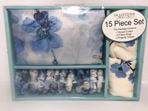 Traditions By Waverly Shower Blue Floral Set 15 Piece 2017 New In Damage Box - Picture 1 of 8