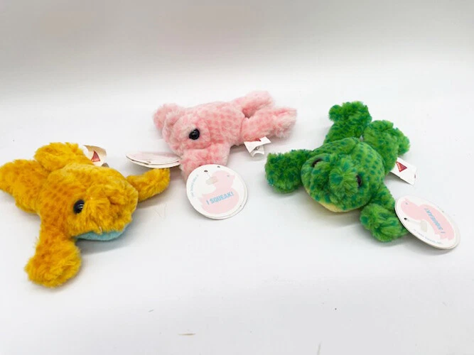 Mini juguete de peluche vintage Dakin bebé bebé chirrido rana dorado rosa verde Foto 1 de 1