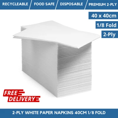 White Paper Dinner Napkins 40cm 1/8 Fold Napkins Premium 2-Ply Paper Serviettes - Image 1 of 3