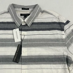 NWT Banana Republic Men’s XL Grant Fit White Gray Striped Linen Blend Button Up - Picture 1 of 6