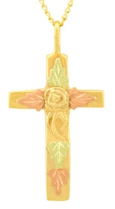 10K Black Hills Gold Cross Pendant with Rose and Leaves - Picture 1 of 2
