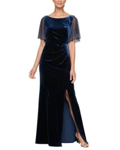 ALEX EVENINGS 14 Navy Embellished Flutter Sleeve Velvet Trumpet Gown NEW $229 - Picture 1 of 4