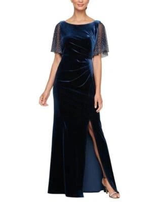 Vestido trompeta de terciopelo manga acampanada adornado azul marino ALEX EVENINGS 14 NUEVO $229 Foto 1 de 4