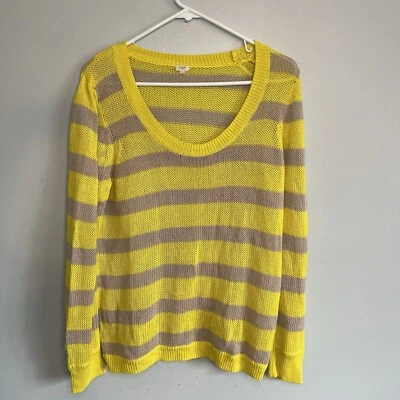 J Crew Linen Cotton Crew Neck Sweater Yellow Gray Striped Womens Sz M Beach Fall - Image 1 of 4