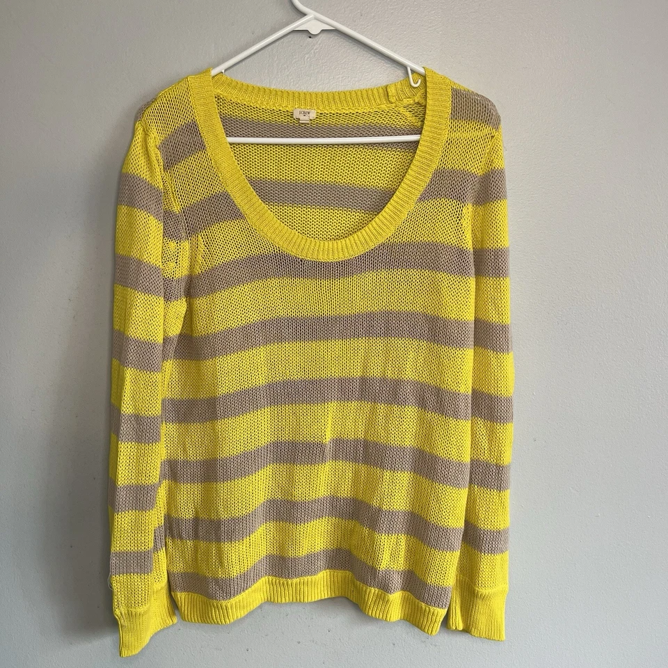Suéter J Crew Lino Algodón Cuello Redondo Amarillo Gris Rayas Para Mujer Talla M Playa Otoño Foto 1 de 4