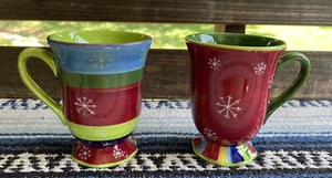 ✅Set 2 Christmas Whimsical Stripe Snowflake Mugs Scalloped Base Red Green 14 oz. - Picture 1 of 11